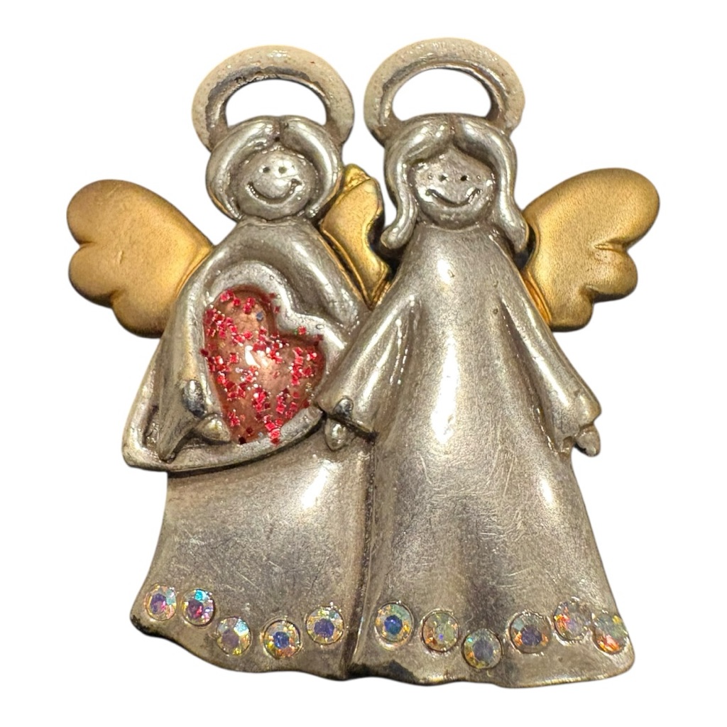 Ajmc Double Angel Brooch Pewter & Gold Tone Pin With Heart And Rhinestones J19